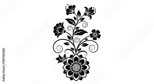 Elegant black floral ornament with swirling vines and blooming flowers intricate decorative element for design and art isolated