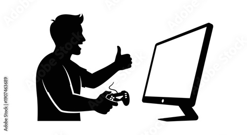 Excited gamer with controller in hand giving a thumbs up gesture of approval while playing video games on a computer monitor