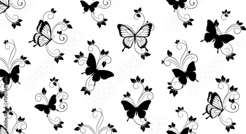 Elegant black and white butterfly seamless pattern with delicate floral swirls evoking a sense of delicate beauty and natural
