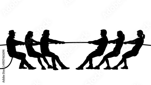 Silhouette of two teams engaged in a fierce tug of war competition demonstrating strength teamwork and intense rivalry