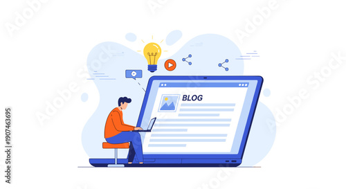 Man sitting on stool with laptop on lap writing blog post on large screen idea bulb social media icons and abstract background