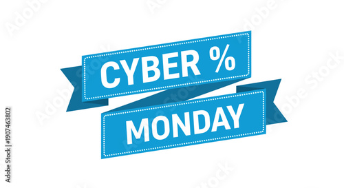 Cyber monday sale promotion banner with percentage symbol blue ribbons and bold text announcing discount shopping event
