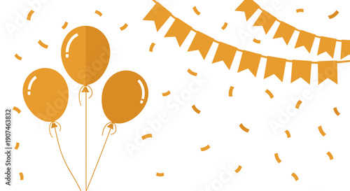 Festive orange balloons and bunting with falling confetti celebrating joyful occasions and birthday parties with a cheerful