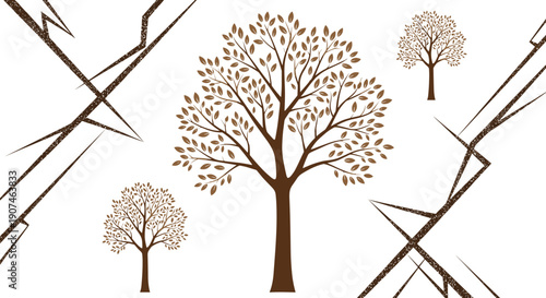Stylized brown trees with delicate leaf patterns and abstract linear elements on a clean white background evoking a sense