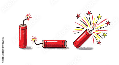 Red firecrackers with lit fuses and colorful exploding sparks on a white background illustrating celebration and excitement