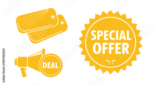 Golden yellow special offer and deal icons including a megaphone and tags perfect for retail sales promotions marketing campaigns