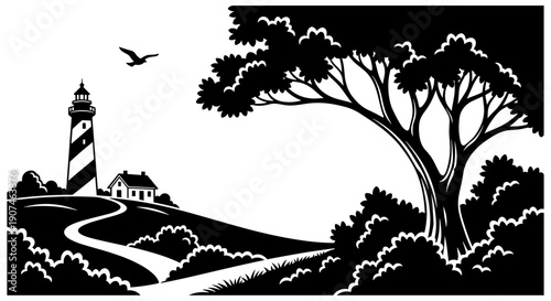 Serene coastal landscape featuring a classic lighthouse on a hill guiding ships with a winding path leading to a quaint house