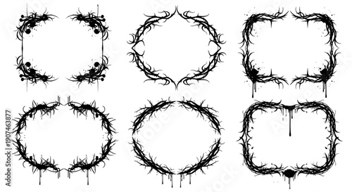 Set of six dark gothic thorny and organic abstract decorative frames and borders with a distressed drippy and textured grunge