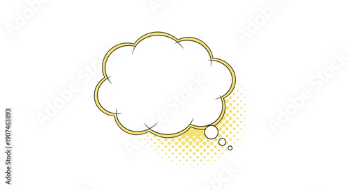 Empty thought bubble with comic book style yellow outline and halftone pattern representing ideas thinking imagination