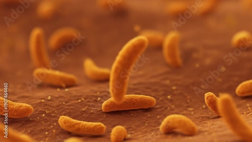 Microscopic view of numerous orange rod-shaped bacteria scattered on a textured surface. Perfect for science, biology, and educational materials.