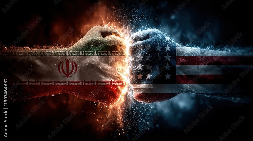 Fototapeta premium Flags of USA and Iran painted on two fists on sky background. United States of America versus Iran trade war disputes concept. Sanctions policy