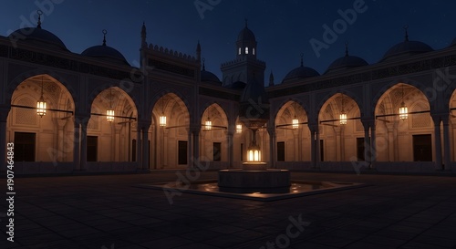 Serene twilight view of a grand historical mosque courtyard, illuminated by soft lantern glow, showcasing intricate Islamic architecture and a tranquil central fountain
