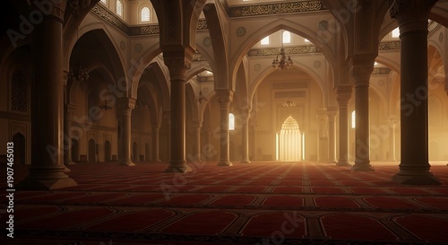 Magnificent Islamic mosque interior with sunbeams streaming through arched windows and ornate carpets