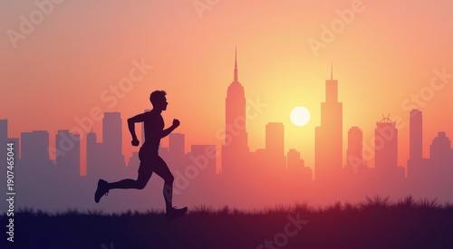 Silhouette of a man running in the city at sunset