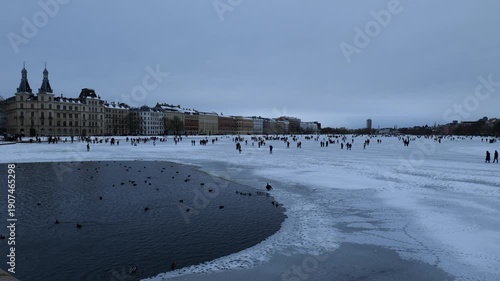A view of a large lake in the middle of the city in winter. Many ducks swim in the water. People walk on the ice. The capital of Denmark. Copenhagen