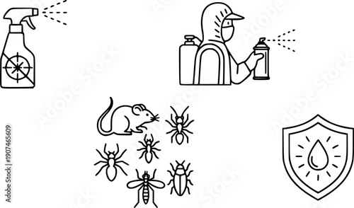 Pest control line icon set featuring insects, spray bottle, exterminator worker, rodents, ant, spider, mosquito, cockroach, and disinfectant protection symbols for professional services