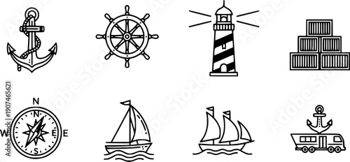 Professional nautical and maritime line icon set featuring ship anchors steering wheels lighthouse cargo containers navigation compass sailing vessels and marine transport symbols vector
