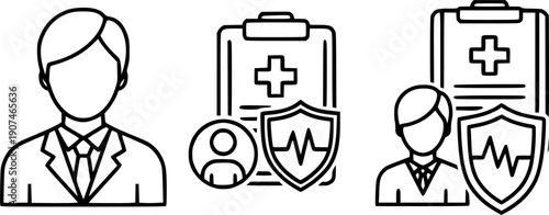 Medical insurance and personal protection line icon set featuring accident coverage health policy documents and shield safety symbols for corporate design