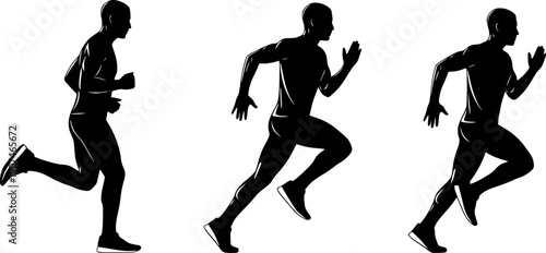 Set of three black silhouettes showing a male athlete running in different motion stages for sports fitness marathon and healthy lifestyle designs.
