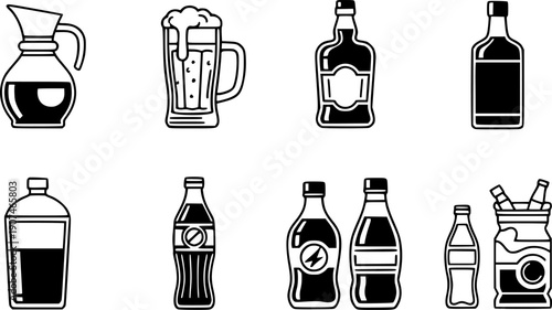 Professional beverage and glass bottle line icon set featuring alcohol containers wine carafes beer glasses soda bottles and various liquid packaging symbols vector