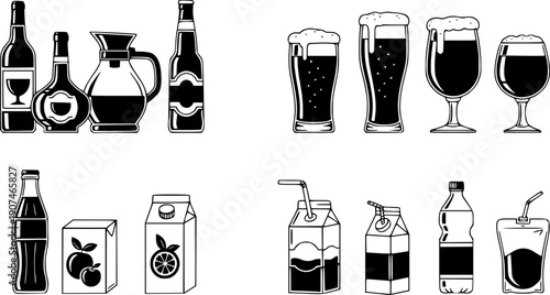 Professional beverage and glass bottle line icon set featuring alcohol containers wine carafes beer glasses soda bottles and various liquid packaging symbols vector