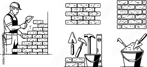 Professional bricklayer and masonry line icon set featuring construction tools brick wall building process mortar trowel and digital web development concept symbols vector