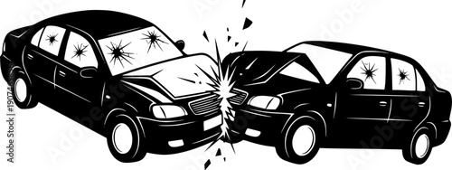 Car accident collision illustration showing two vehicles crashing head on symbolizing traffic accident, insurance claim, road safety, and transportation risk concept