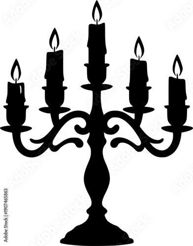 Candle Holder Candelabra Silhouette Icon with Five Burning Candles for Memorial Services, Religious Ceremonies, Spiritual Events, and Decorative Design