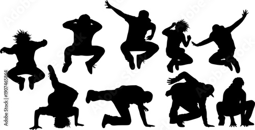 Dynamic street dancer silhouettes in expressive energetic poses including jumping and hip hop movements for music event and performing arts graphic design