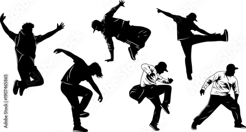 Dynamic street dancer silhouettes in expressive energetic poses including jumping and hip hop movements for music event and performing arts graphic design