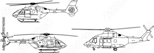 Helicopter vector set featuring modern civil and emergency aviation aircraft in line art style for transportation, flight school, and rescue service graphic design.
