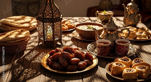 Traditional Ramadan Iftar meal with dates, pastries, and tea set on a wooden table
