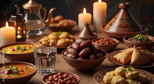 A vibrant evening feast featuring an array of traditional Middle Eastern dishes, sweet dates, and warm candlelit ambiance, perfect for cultural celebrations and family gatherings