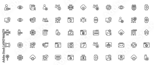 Cyber Security icon set. Vector icons pack including user, bug, file, server, shield, hacker, password, cloud computing and more. Editable thin line illustrations.