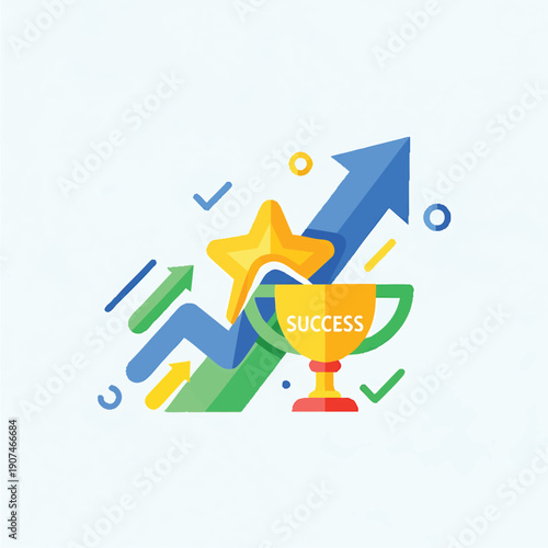 A vibrant illustration depicting business success, growth, and achievement with a trophy, star, and upward-trending arrows.