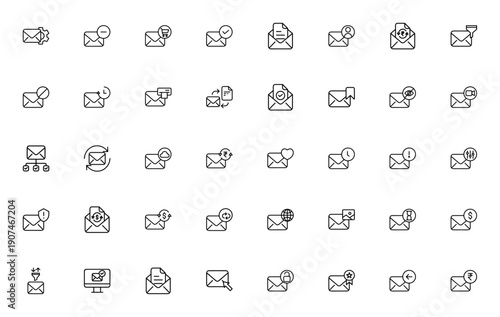 Mail icon set. Business and finance vector icons pack. Minimalist email symbols for communication, envelope, message, inbox, post and more. Editable stroke.