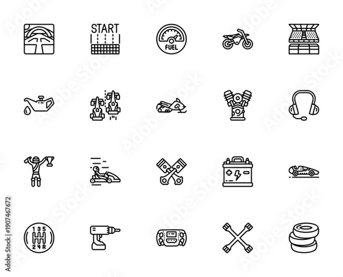 Motor sports icon set. Vector racing symbols pack. Includes starting line, fuel, racing car, engine, steering wheel, tyre, winner and more. Editable thin line icons.