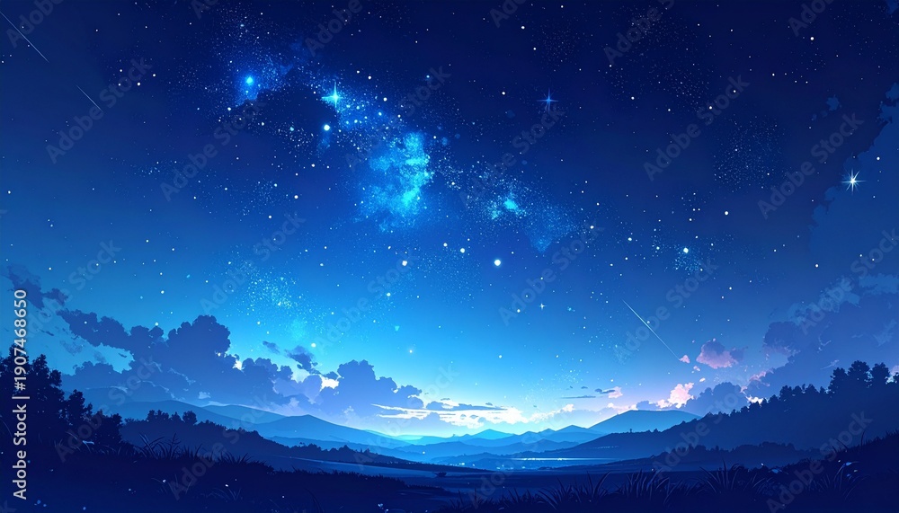 Fototapeta premium Emotional indigo night sky scenery with shining constellations and mountain ridgeline in a serene Japanese art style