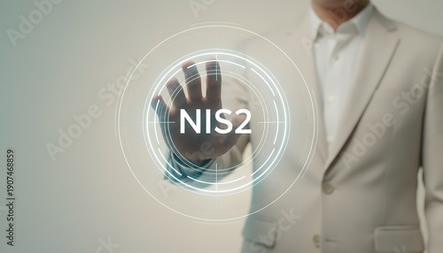Businessman engaging with a futuristic virtual display, highlighting the critical NIS2 directive for enhanced European cybersecurity and robust data protection in the modern digital landscape