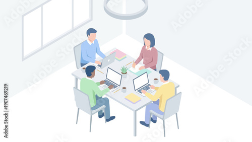 Business Meeting with Four People Using Laptops in Conference Room
