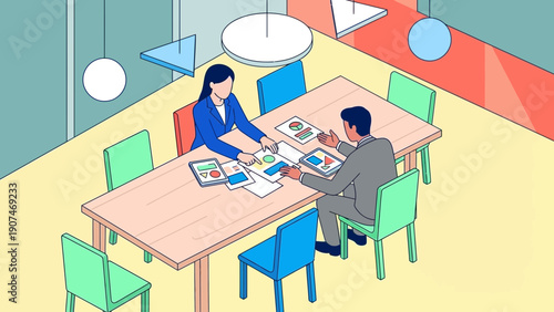 Business Meeting with Two Professionals Discussing Documents at Conference Table