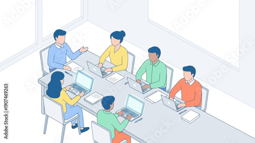 Business Team Meeting with Laptops and Documents in Office Workspace