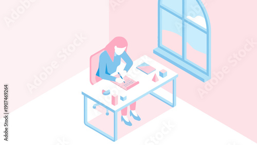 Businesswoman Working at Desk Near Window in Modern Office Setting