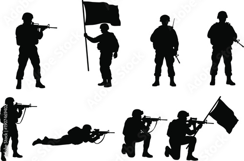 Military soldier silhouettes set, armed infantry aiming rifles, flag bearer and combat positions, tactical army actions, isolated black illustration