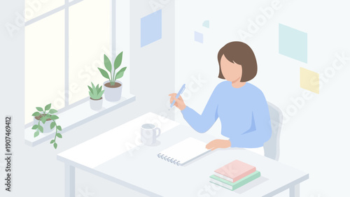 Woman Sitting at Desk Using Smartphone in Bright Office Space
