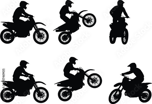 Motocross rider silhouettes, dirt bike action poses, off road motorcycle stunts, extreme sport racing, black vector icons isolated