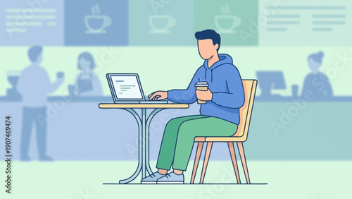 Young man working on laptop and smartphone in modern workspace