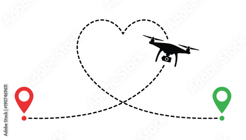 Journey of drone from start to destination through heart shaped line isolated on background