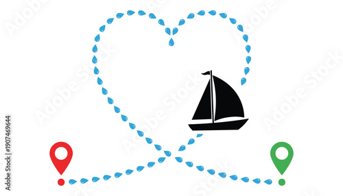 Journey of sailboat from start to destination through heart shaped line isolated on background