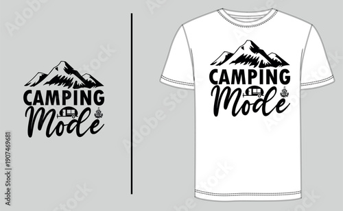 Vintage camping t-shirt design vector featuring mountain wilderness and outdoor adventure typography. Isolated on a professional t-shirt template for apparel mockup, branding, and summer camp gear.